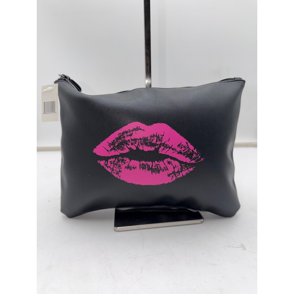 Bloomingdales Pink Lips Black Faux Leather Cosmetic Makeup Bag Pouch New